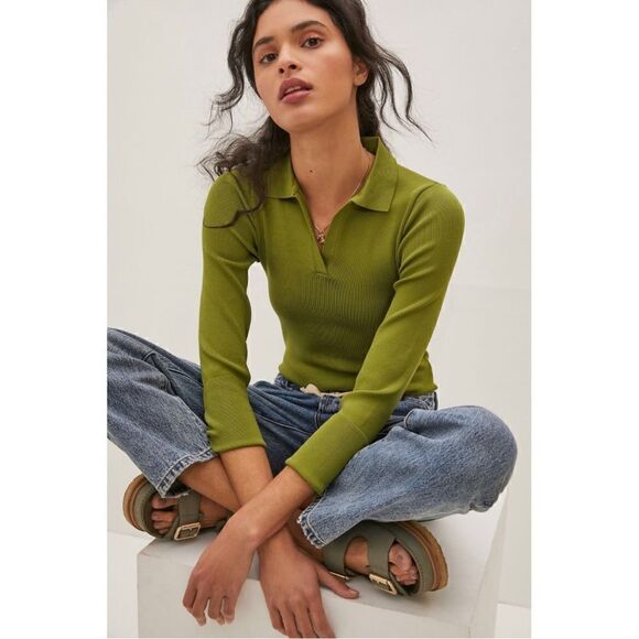 NEW Anthropologie Arden Moss Green Polo Collared Long-Sleeve Bodysuit X-Small - Picture 1 of 4